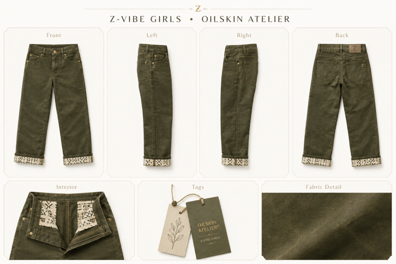Fernline Waxed Trouser — Girls — House · Z-Vibe Oilskin Atelier seven-view specification plate; showing 01 Front, 02 Left, 03 Right, 04 Back, 05 Interior, 06 Inner tags, 07 Fabric detail. — 01 Front, Fern Olive
