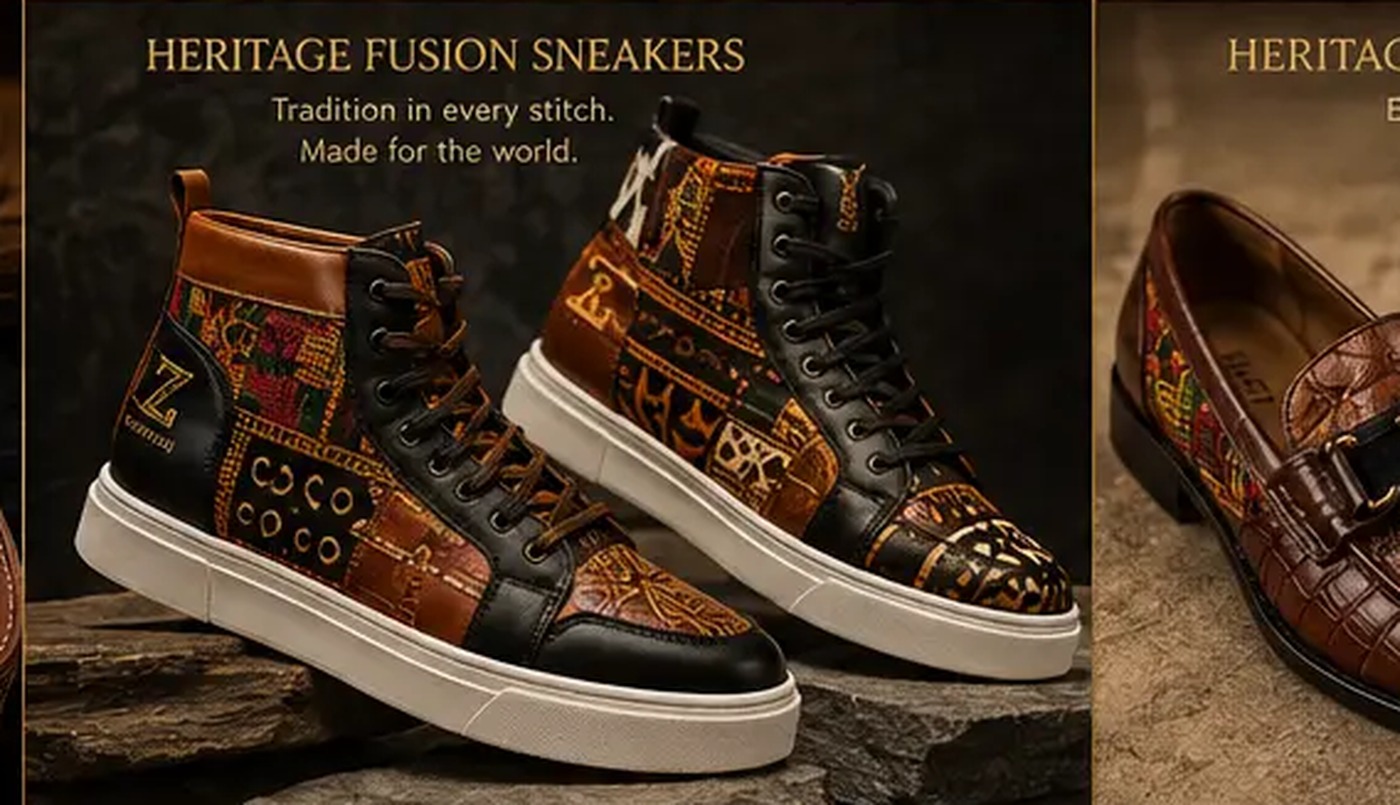 Sneakers and leather goods in indigo and sand, where a kente strip runs the quarter panel, Portuguese leather forms the heel counter and an American denim upper carries the whole silhouette.
