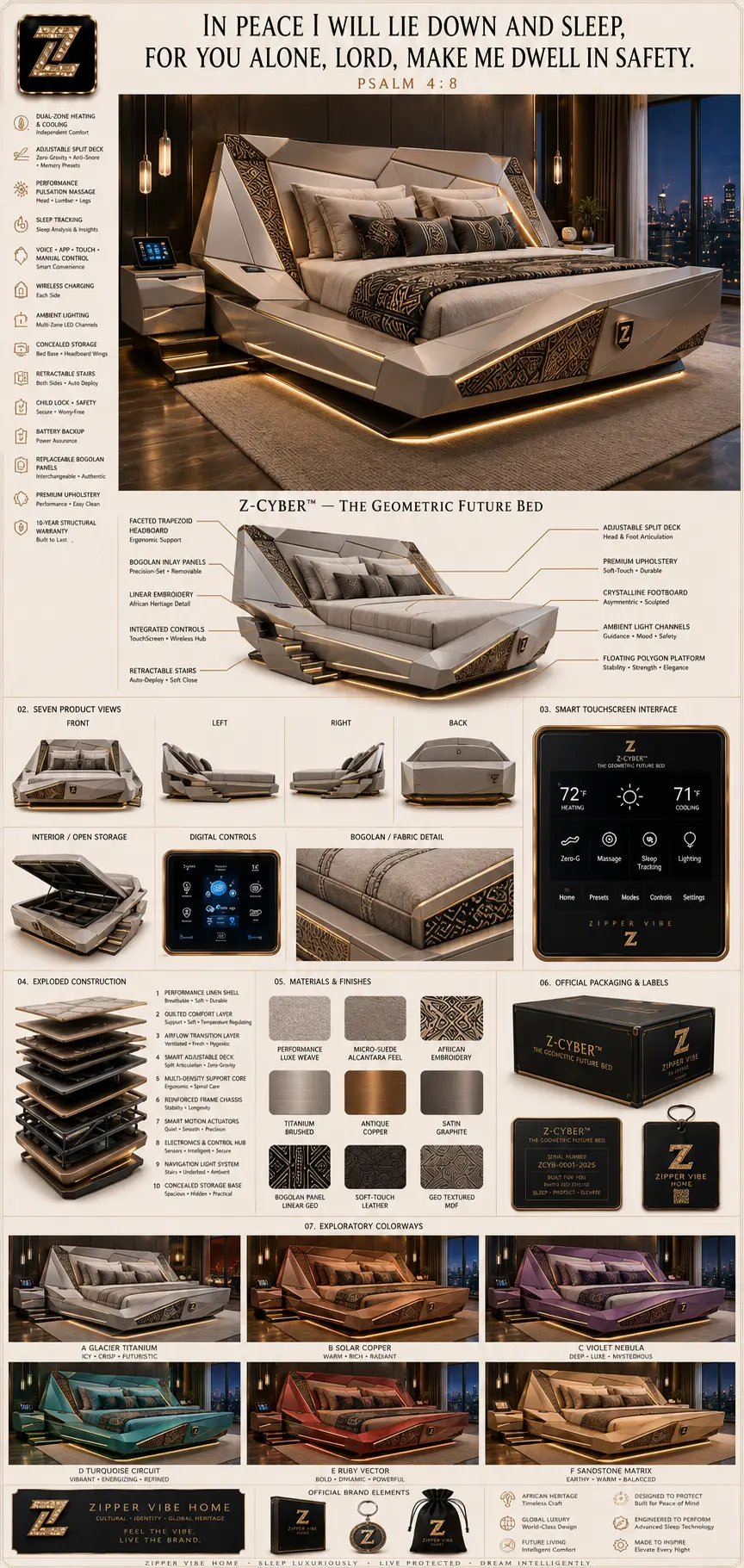 Z-Cyber™ Geometric Future Bed — Home · Geometric Future seven-view specification plate; showing 01 Front, 02 Left, 03 Right, 04 Back, 05 Interior, 06 Inner tags, 07 Fabric detail; made in Performance luxe weave, micro-suede alcantara, titanium brushed, satin graphite; shown in Glacier Titanium, Solar Copper, Violet Nebula, Turquoise Circuit, Ruby Vector, Sandstone Matrix.