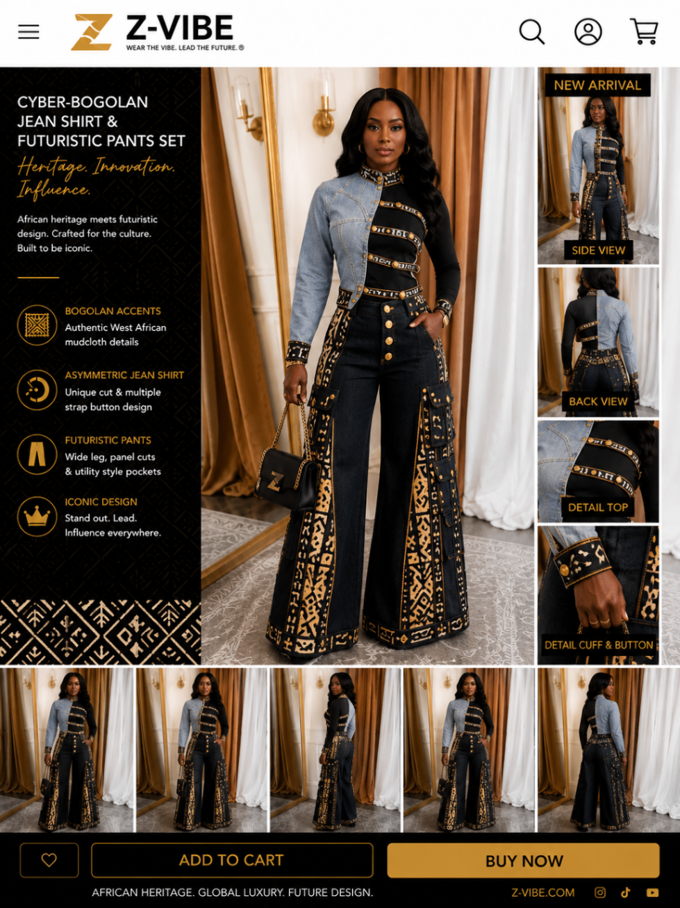 Cyber-Bogolan™ Asymmetric Jean Shirt Set — Women · Denim seven-view specification plate; showing 01 Front, 02 Left, 03 Right, 04 Back, 05 Interior, 06 Inner tags, 07 Fabric detail. — 01 Front, Pale Denim / Onyx