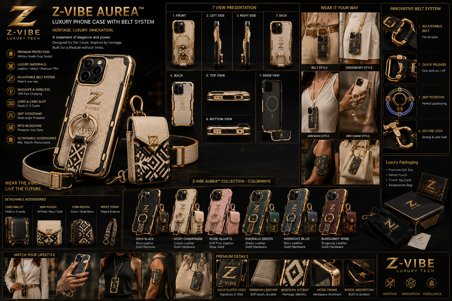 Aurea Belt & Crossbody Case — Women — House · Z-Vibe Aurea seven-view specification plate; showing 01 Front, 02 Left, 03 Right, 04 Back, 05 Interior, 06 Inner tags, 07 Fabric detail. — 01 Front, Onyx Black / Gold