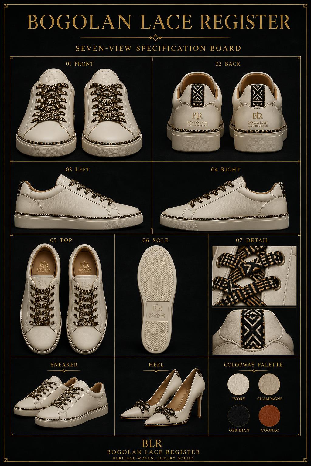 Bogolan mudcloth Lace Register™ — Sneaker & Heel — Footwear · Bogolan mudcloth Lace seven-view specification plate; showing 01 Front, 02 Back, 03 Left, 04 Right, 05 Top, 06 Sole, 07 Detail. — 01 Front, Winter Ivory