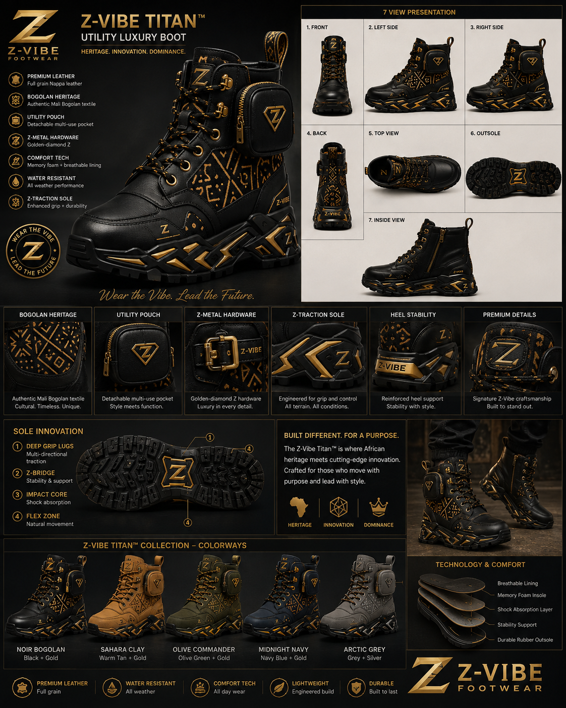 Titan Utility Luxury Boot — Women — House · Z-Vibe Titan seven-view specification plate; showing 01 Front, 02 Left, 03 Right, 04 Back, 05 Interior, 06 Inner tags, 07 Fabric detail. — 01 Front, Onyx Black / Gold