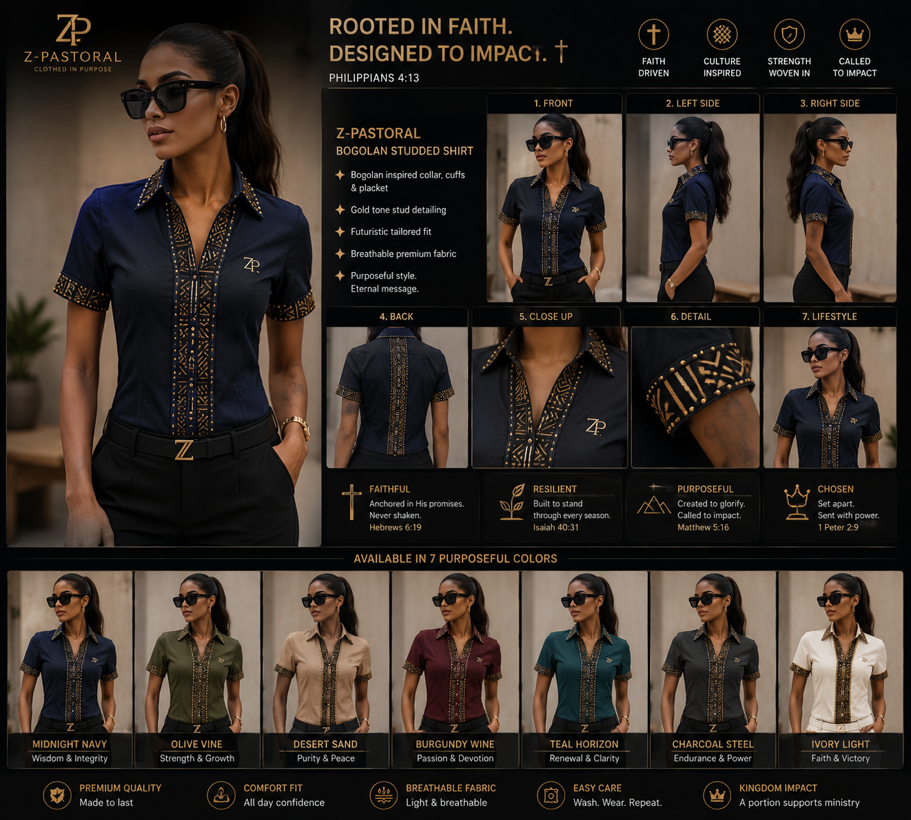 Bogolan mudcloth Studded Shirt — Women — Women · Z-Sanctuaire seven-view specification plate; showing 01 Front, 02 Left, 03 Right, 04 Back, 05 Interior, 06 Inner tags, 07 Fabric detail. — 01 Front, Midnight Navy