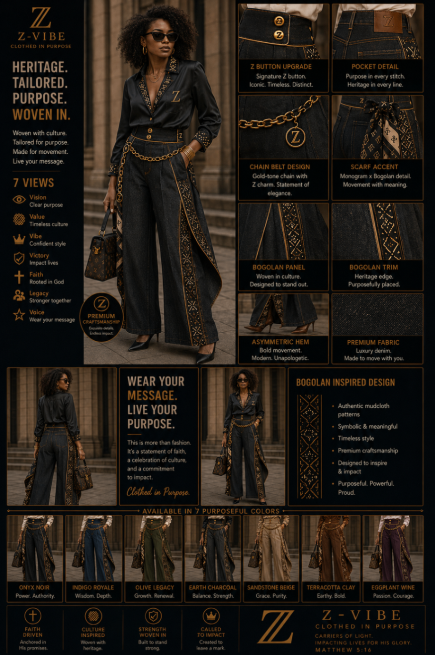 Heritage Wide-Leg Denim — Women — Women · Clothed in Purpose seven-view specification plate; showing 01 Front, 02 Left, 03 Right, 04 Back, 05 Interior, 06 Inner tags, 07 Fabric detail. — 01 Front, Onyx Noir