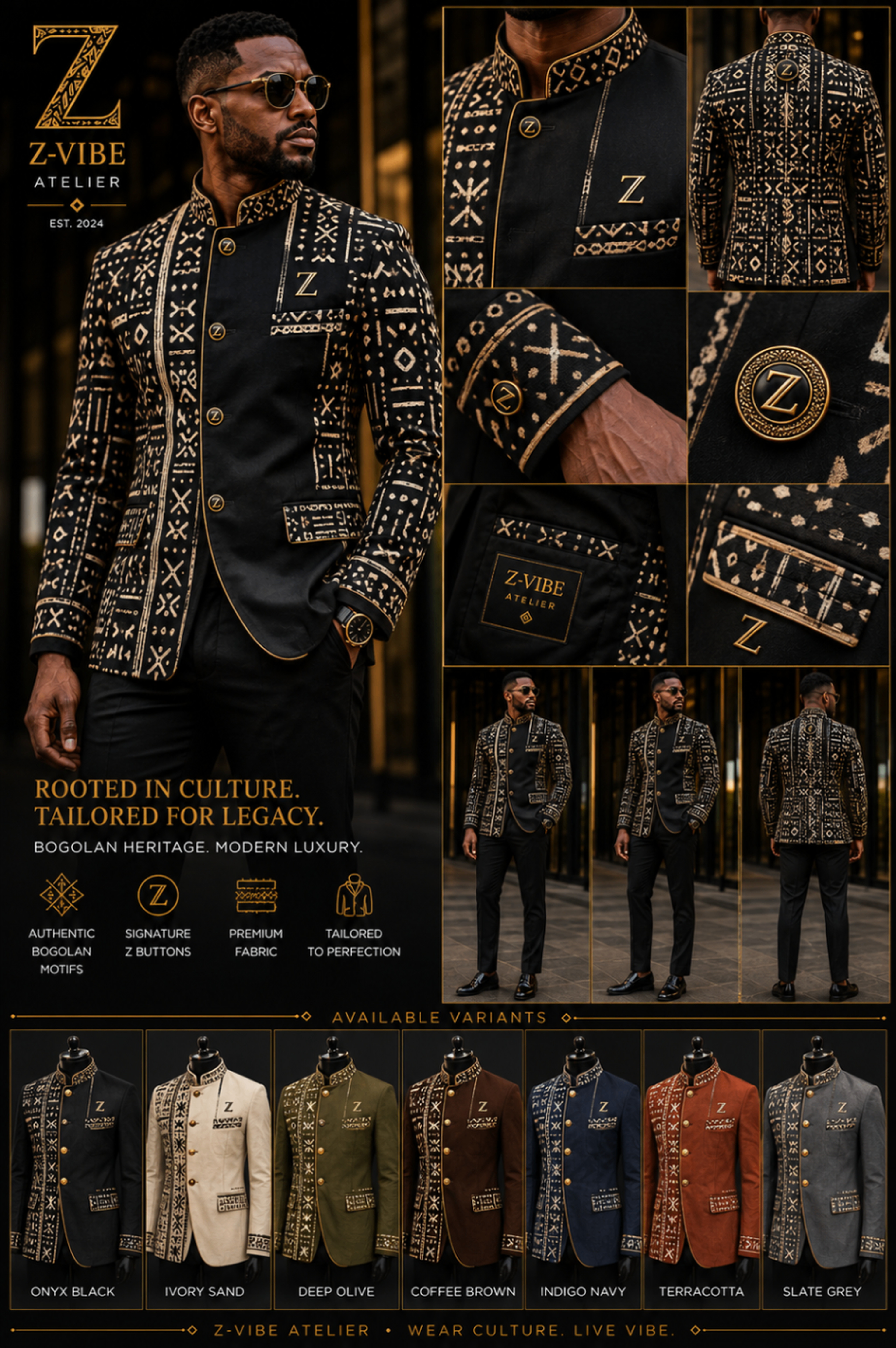 Men · Bogolan Atelier Noir™ — approved Z-Vibe design board with Bogolan detailing