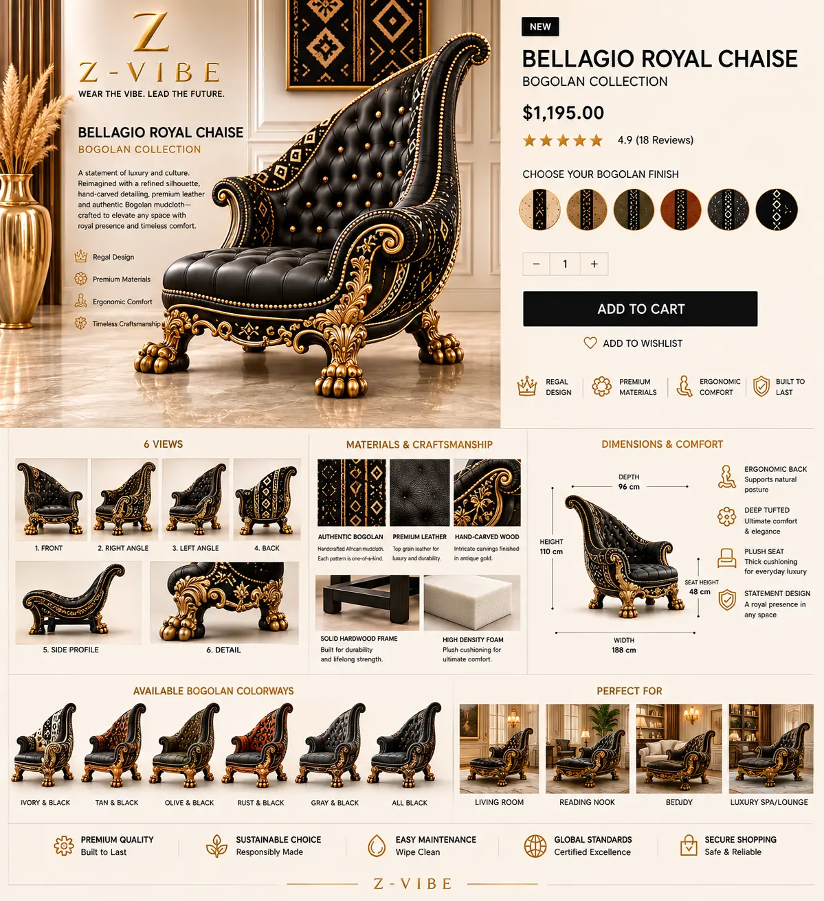 Bellagio Royal Chaise — Gold Carved design board