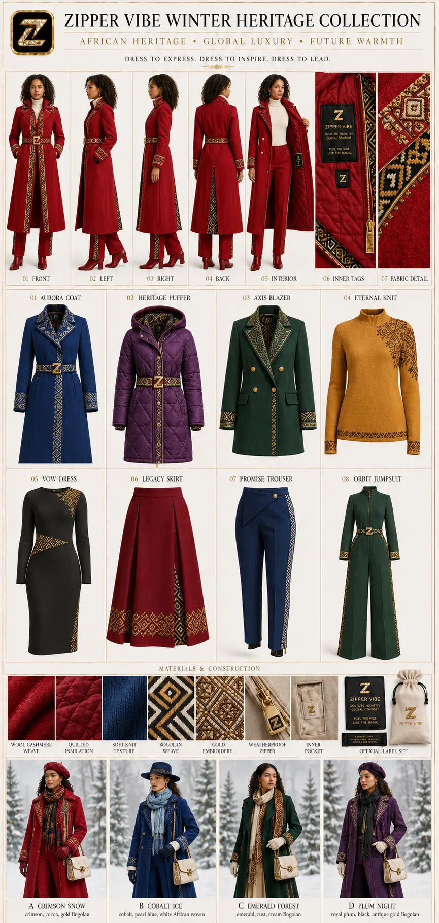 Winter Heritage — Crimson Snow — Women · Winter Outerwear seven-view specification plate; showing 01 Front, 02 Left, 03 Right, 04 Back, 05 Interior, 06 Inner tags, 07 Fabric detail.