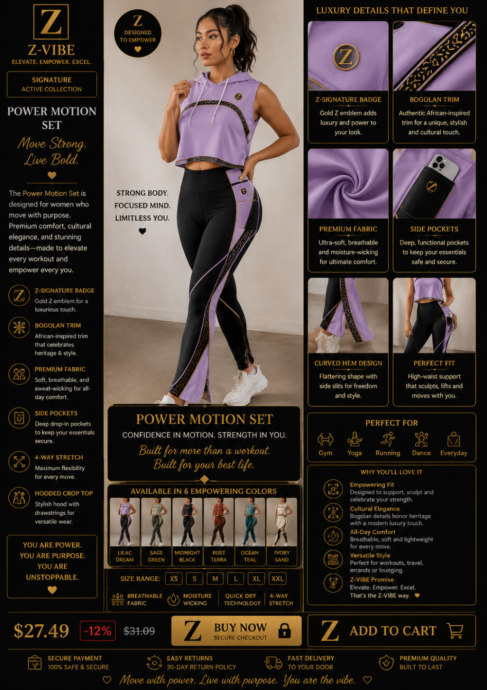 Power Motion Set — Women — House · Z-Vibe Signature Collection seven-view specification plate; showing 01 Front, 02 Left, 03 Right, 04 Back, 05 Interior, 06 Inner tags, 07 Fabric detail. — 01 Front, Lilac Dream