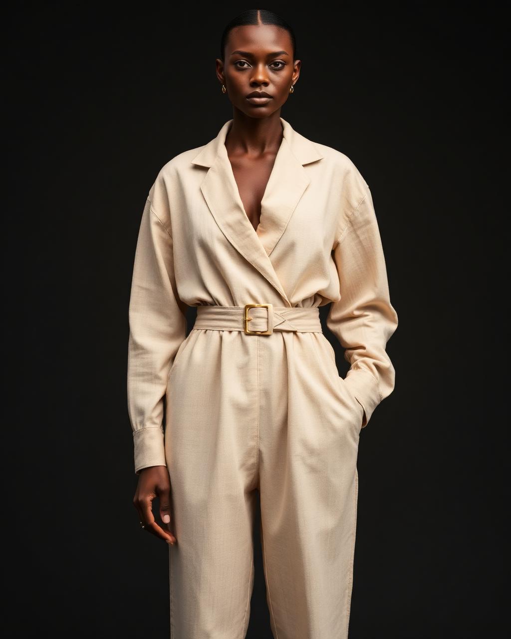 Luxe Belted Jumpsuit — Women — House · Z-Vibe Signature Collection seven-view specification plate; showing 01 Front, 02 Left, 03 Right, 04 Back, 05 Interior, 06 Inner tags, 07 Fabric detail. — 01 Front, Sand Ivory