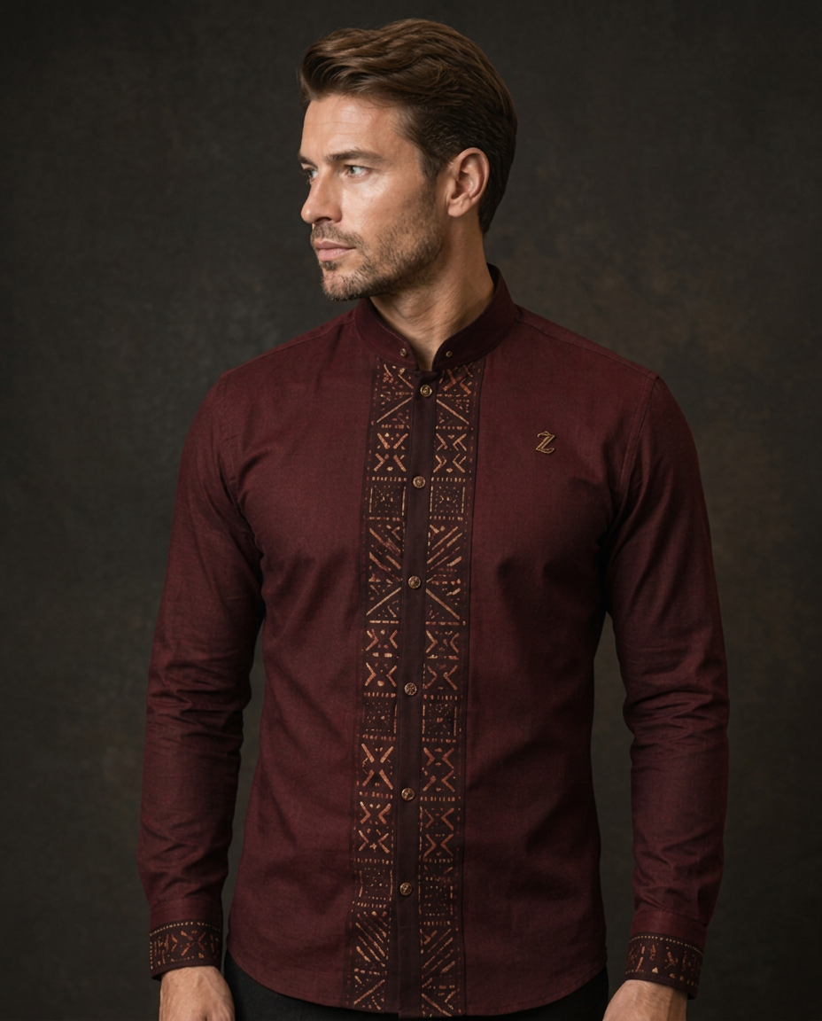 Burgundy Placket Heritage Shirt — Men, 02 Left (view 2 of 7). Left profile: shoulder line, sleeve fall and the outer seam trim.