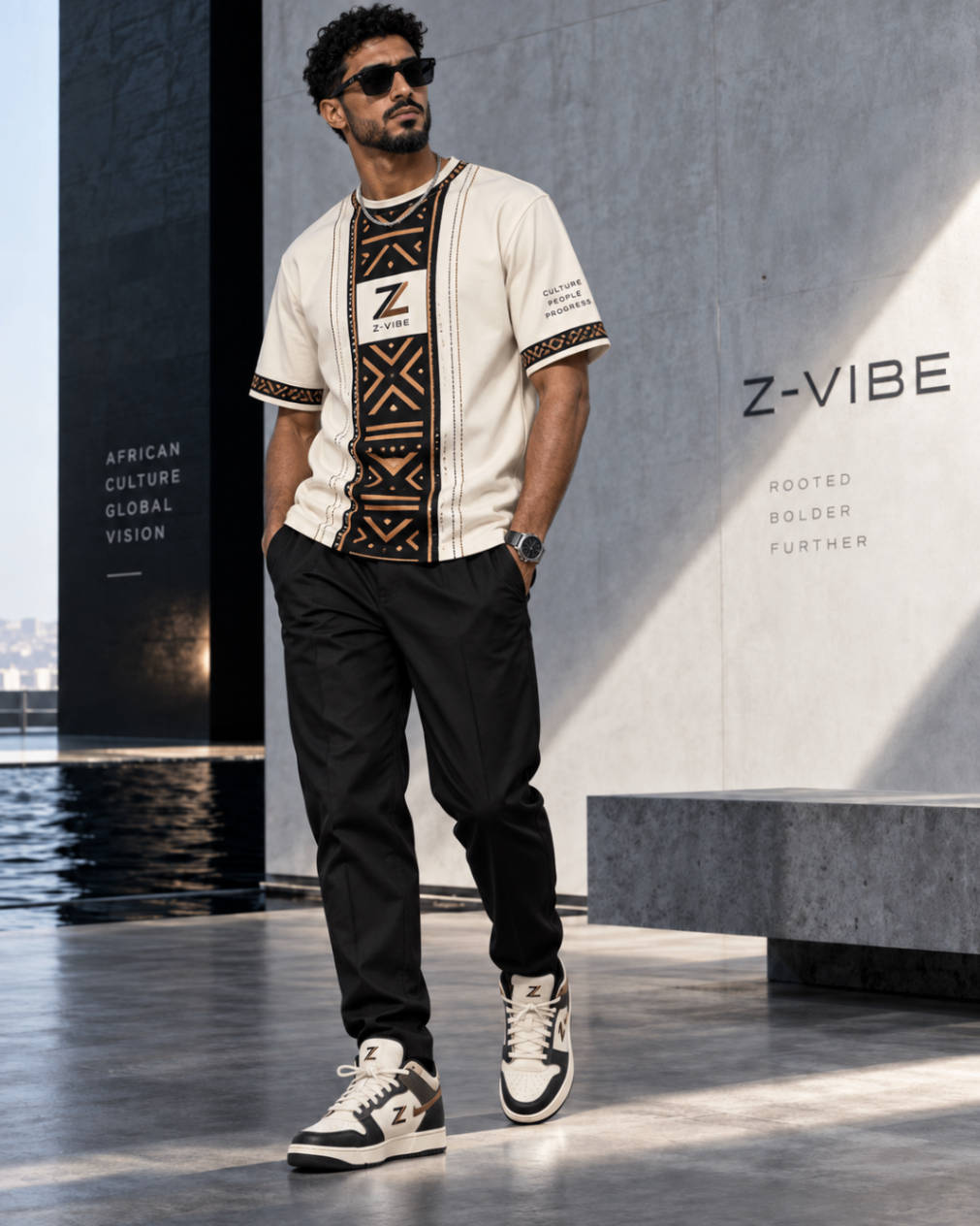Men · Z-Vibe Street Heritage Tees™ — approved Z-Vibe design board with Bogolan detailing