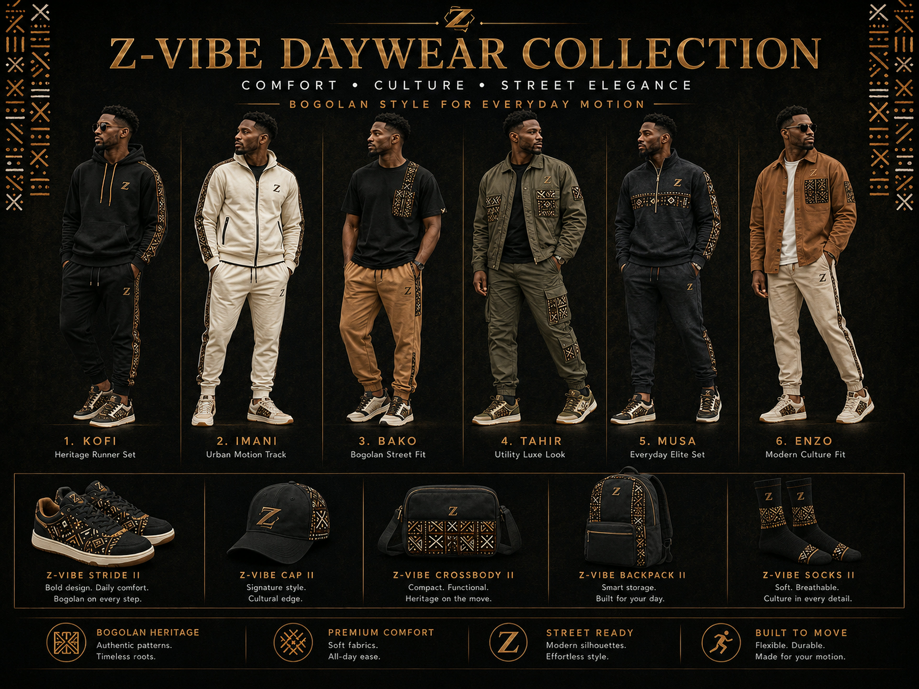 Utility Cargo Look — Men — House · Z-Vibe Maison™ · Men seven-view specification plate; showing 01 Front, 02 Left, 03 Right, 04 Back, 05 Interior, 06 Inner tags, 07 Fabric detail. — 01 Front, Olive