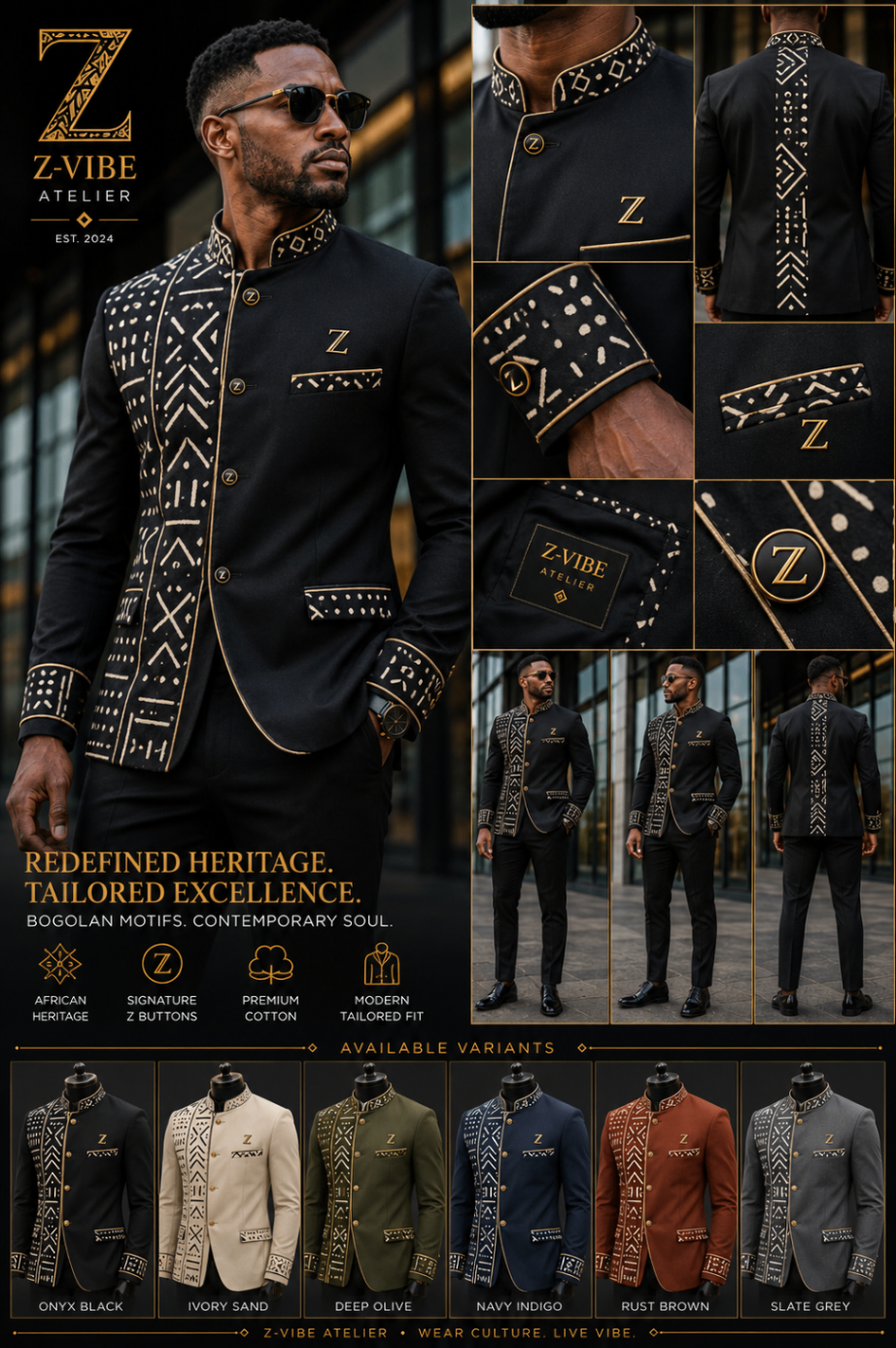 Men · Redefined Heritage™ — approved Z-Vibe design board with Bogolan detailing