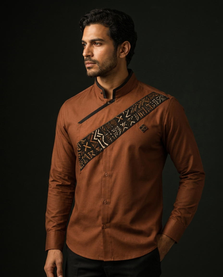 Cognac Diagonal Sash Shirt — Men, 02 Left (view 2 of 7). Left profile: shoulder line, sleeve fall and the outer seam trim.