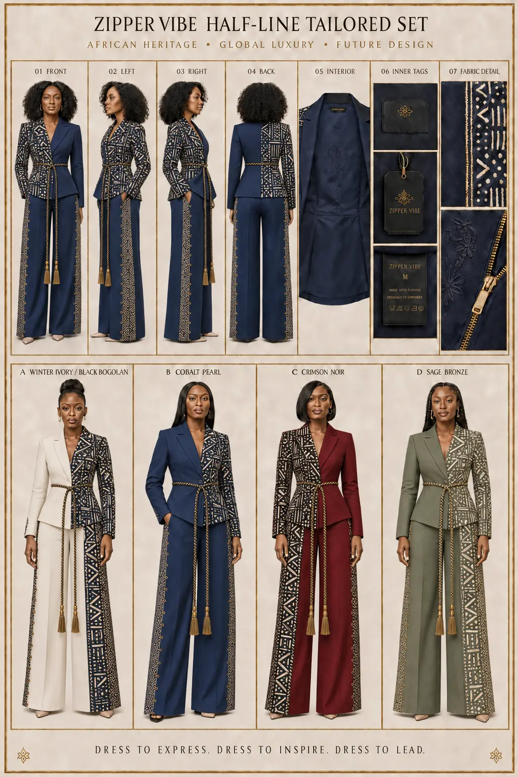 Half-Line Tailored Set — Bogolan mudcloth — Women · Tailoring seven-view specification plate; showing 01 Front, 02 Left, 03 Right, 04 Back, 05 Interior, 06 Inner tags, 07 Fabric detail.