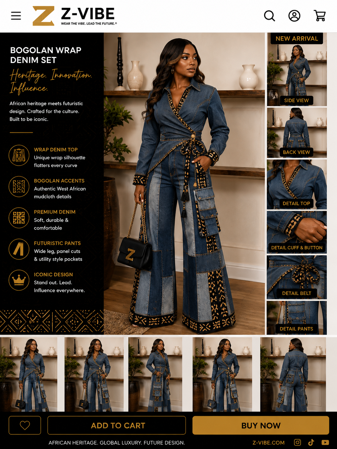 Bogolan mudcloth Wrap™ Denim Set — Women · Denim seven-view specification plate; showing 01 Front, 02 Left, 03 Right, 04 Back, 05 Interior, 06 Inner tags, 07 Fabric detail. — 01 Front, Indigo Sash