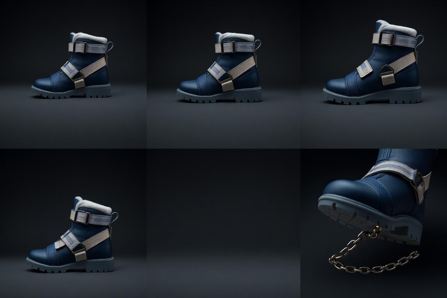 Z-Chain Junior Traction System — Boys — Kids · Z-Chain Snow Traction seven-view specification plate; showing 01 Front, 02 Left, 03 Right, 04 Back, 05 Interior, 06 Inner tags, 07 Fabric detail. — 01 Front, Indigo / Cream