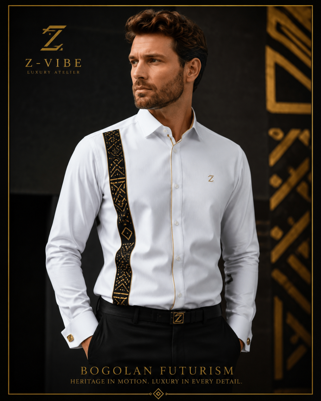 Men · Z-Vibe Atelier Bogolan Shirts™ — approved Z-Vibe design board with Bogolan detailing