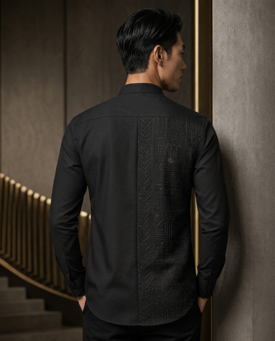 Onyx Tonal Relief Shirt — Men, 04 Back (view 4 of 7). Back view: yoke, centre seam and the hem finish.