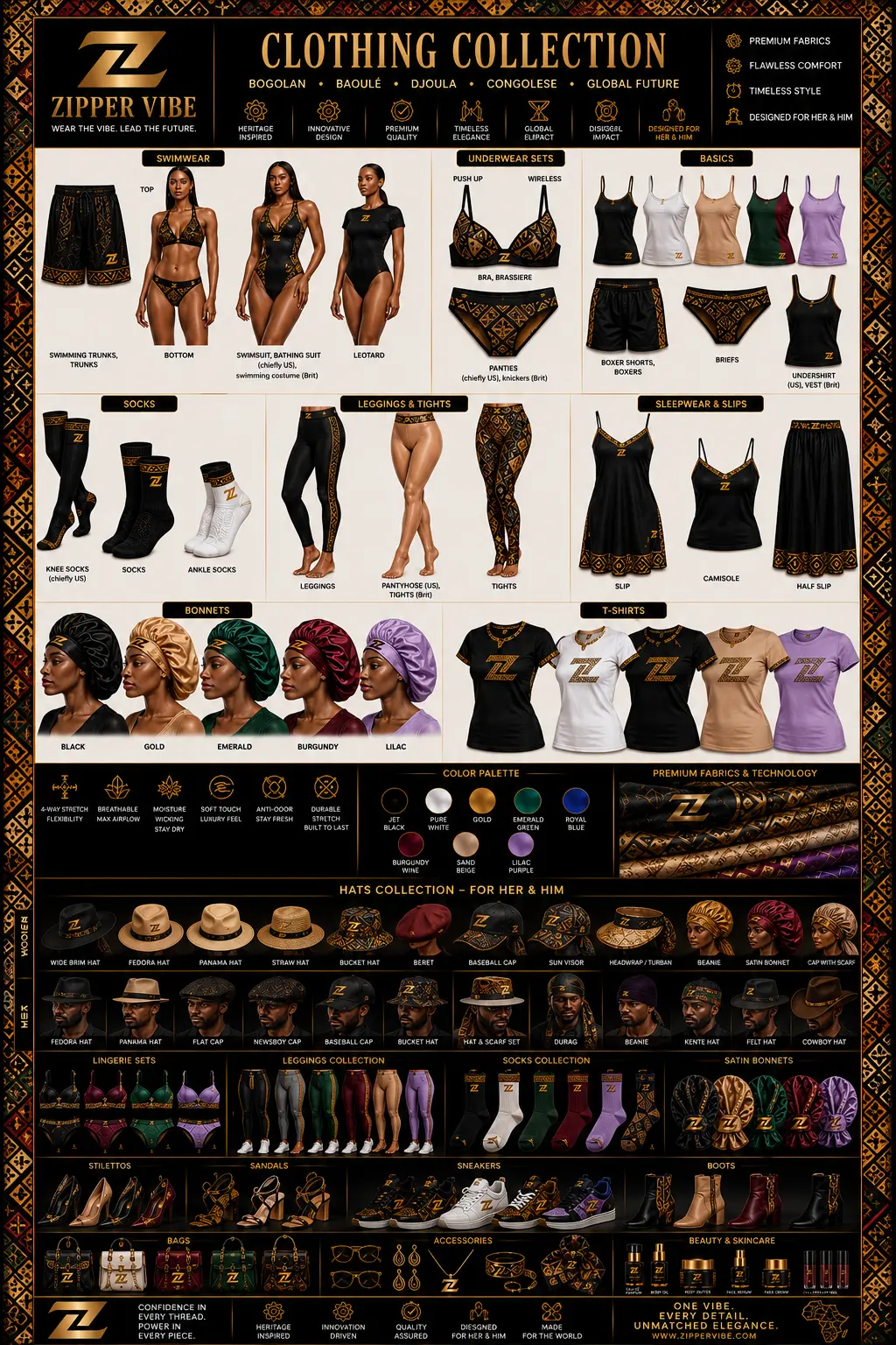 Extended clothing collection with hats, lingerie sets, leggings, socks, satin bonnets and footwear