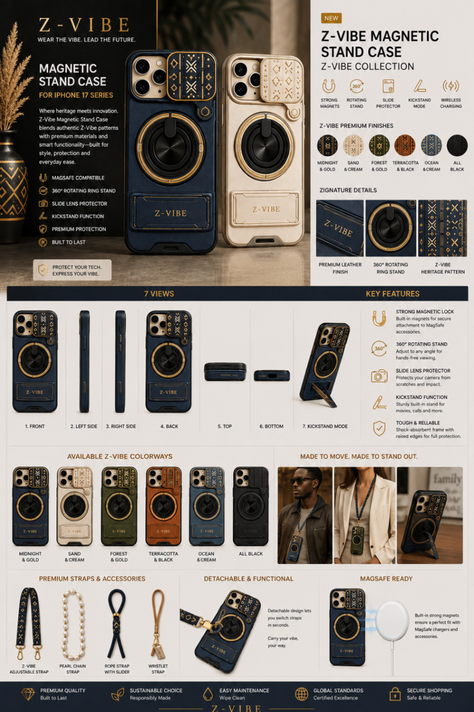 Magnetic Stand Case — Midnight & Gold — Accessories · Tech seven-view specification plate; showing 01 Front, 02 Left side, 03 Right side, 04 Back, 05 Top, 06 Bottom, 07 Kickstand mode.