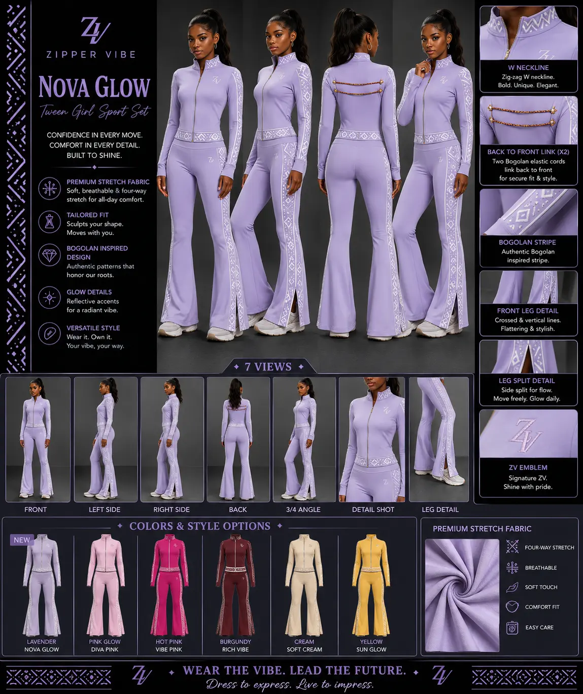 Nova Glow Sport Set — Lavender — Girls — Girls · Z-Vibe Fit Dance seven-view specification plate; showing 01 Front, 02 Left, 03 Right, 04 Back, 05 Interior, 06 Inner tags, 07 Fabric detail. — 01 Front, Lavender Nova Glow