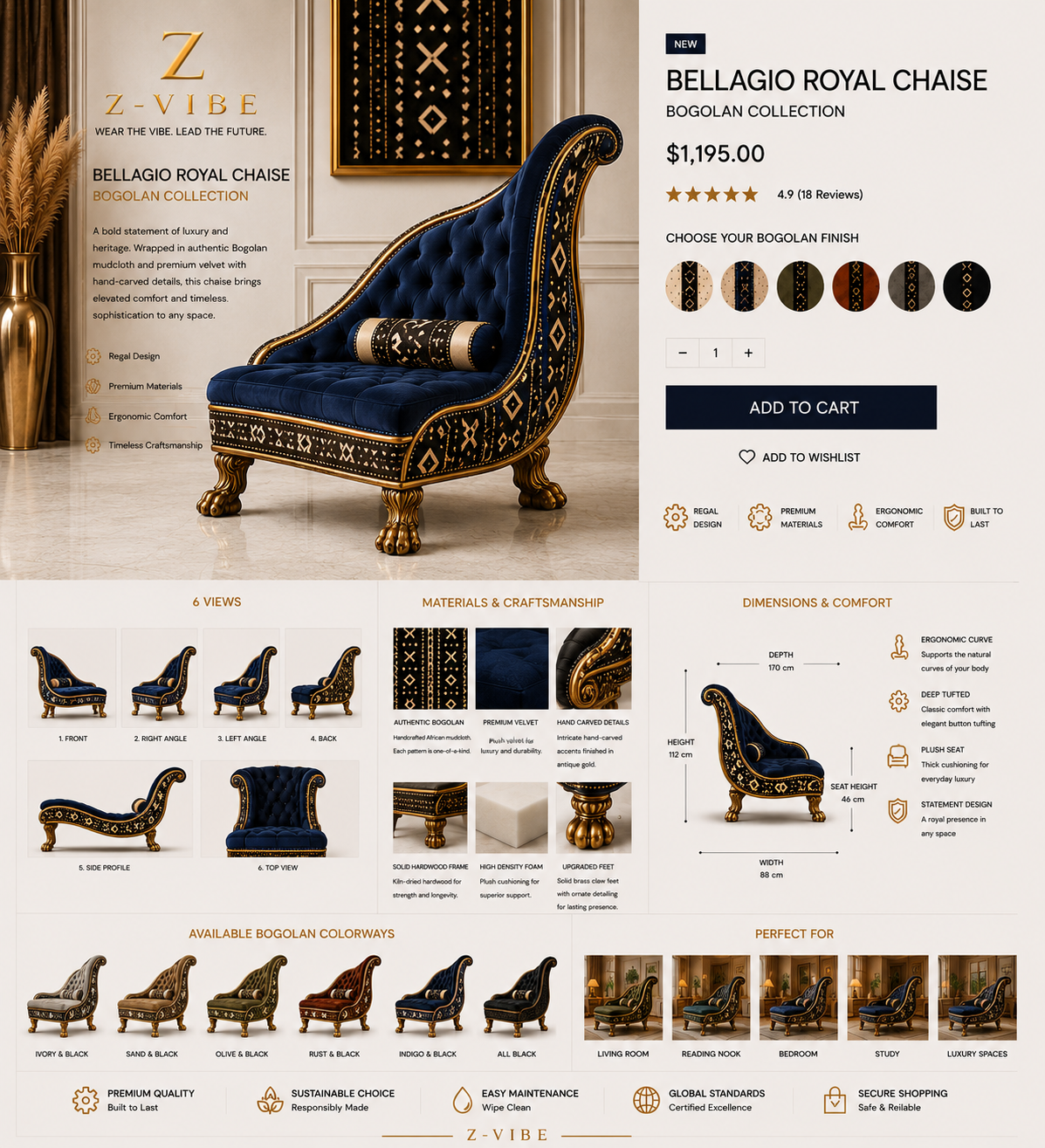 Bellagio Royal Chaise — Indigo Velvet design board