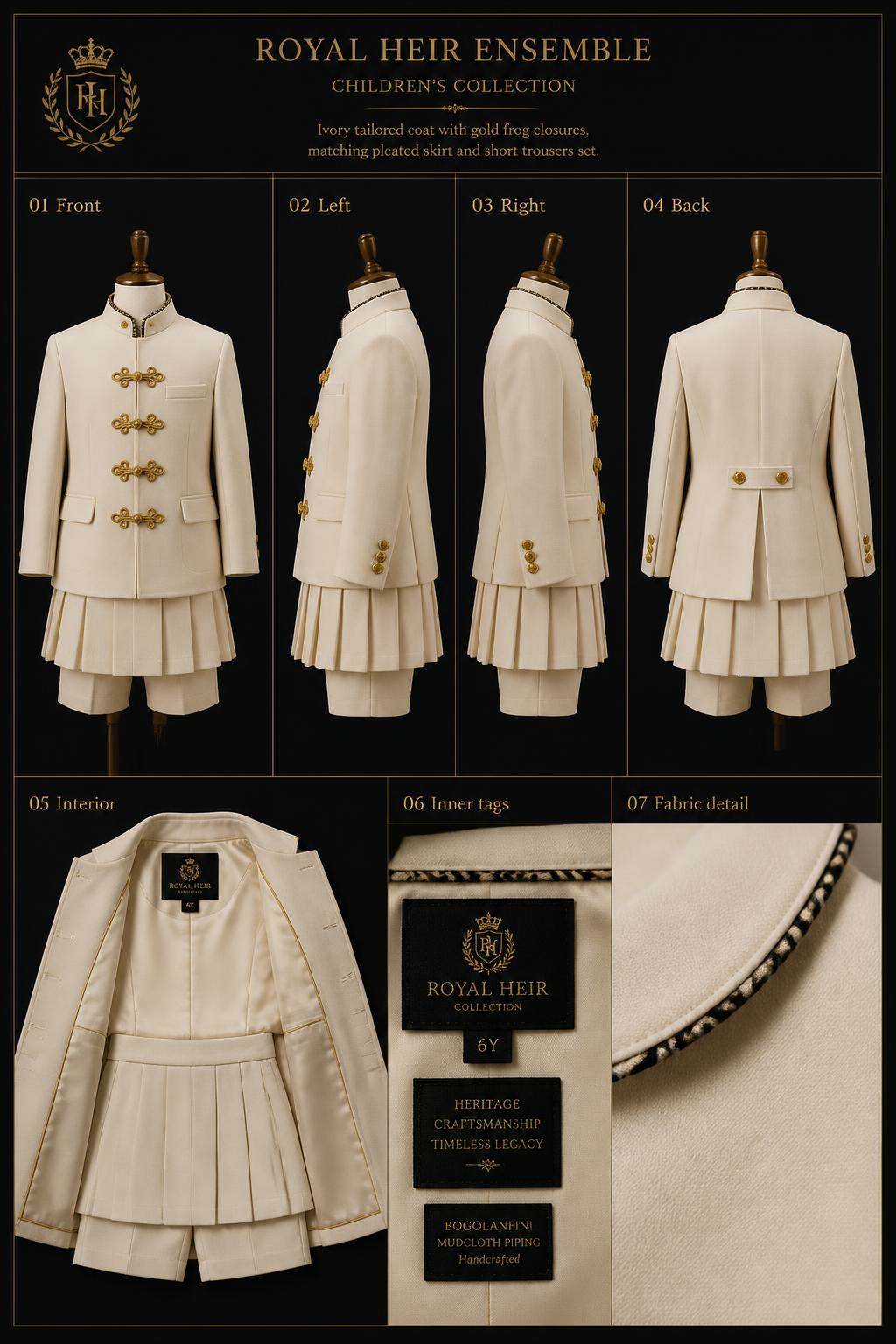 Royalty™ Heir Ensemble — Royalty · Heirs seven-view specification plate; showing 01 Front, 02 Left, 03 Right, 04 Back, 05 Interior, 06 Inner tags, 07 Fabric detail. — 01 Front, Winter Ivory