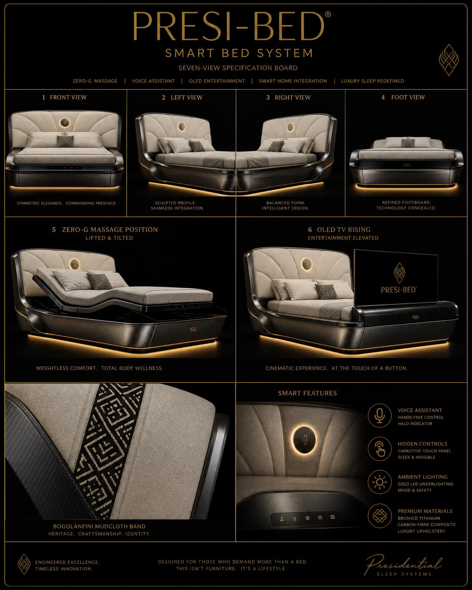 Presi-Sentinel Bed™ — Smart & Armoured Sleep System — Royalty · Maison · Smart · Protection seven-view specification plate; showing 01 Front, 02 Left, 03 Right, 04 Foot, 05 Zero-G massage · lifted, 06 OLED screen rising, 07 Shield, camera ring & head control panel. — 01 Front, Winter Ivory