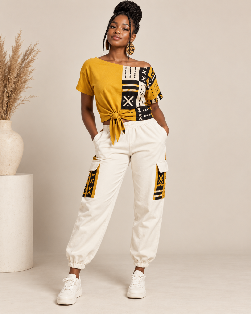 Mustard Tie Tee & Ivory Cargo Joggers — Women — House · Z-Vibe Bogolan Lounge™ seven-view specification plate; showing 01 Front, 02 Left, 03 Right, 04 Back, 05 Interior, 06 Inner tags, 07 Fabric detail. — 01 Front, Mustard / Ivory