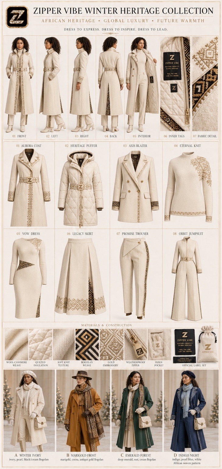 Winter Heritage — Winter Ivory — Women · Winter Outerwear seven-view specification plate; showing 01 Front, 02 Left, 03 Right, 04 Back, 05 Interior, 06 Inner tags, 07 Fabric detail.