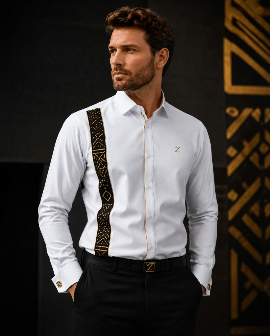 Ivory Gold Rail Shirt — Men, 02 Left (view 2 of 7). Left profile: shoulder line, sleeve fall and the outer seam trim.