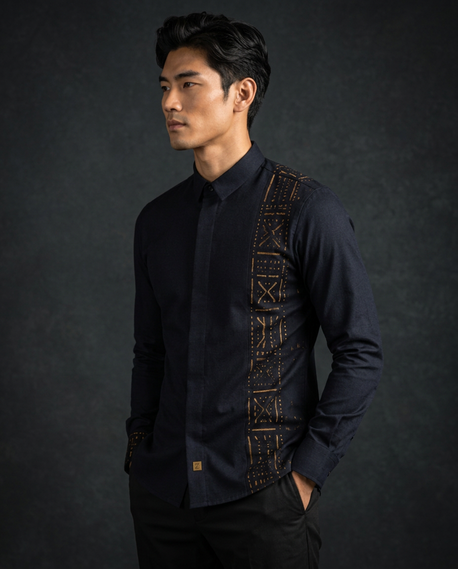 Midnight Navy Code Shirt — Men, 02 Left (view 2 of 7). Left profile: shoulder line, sleeve fall and the outer seam trim.