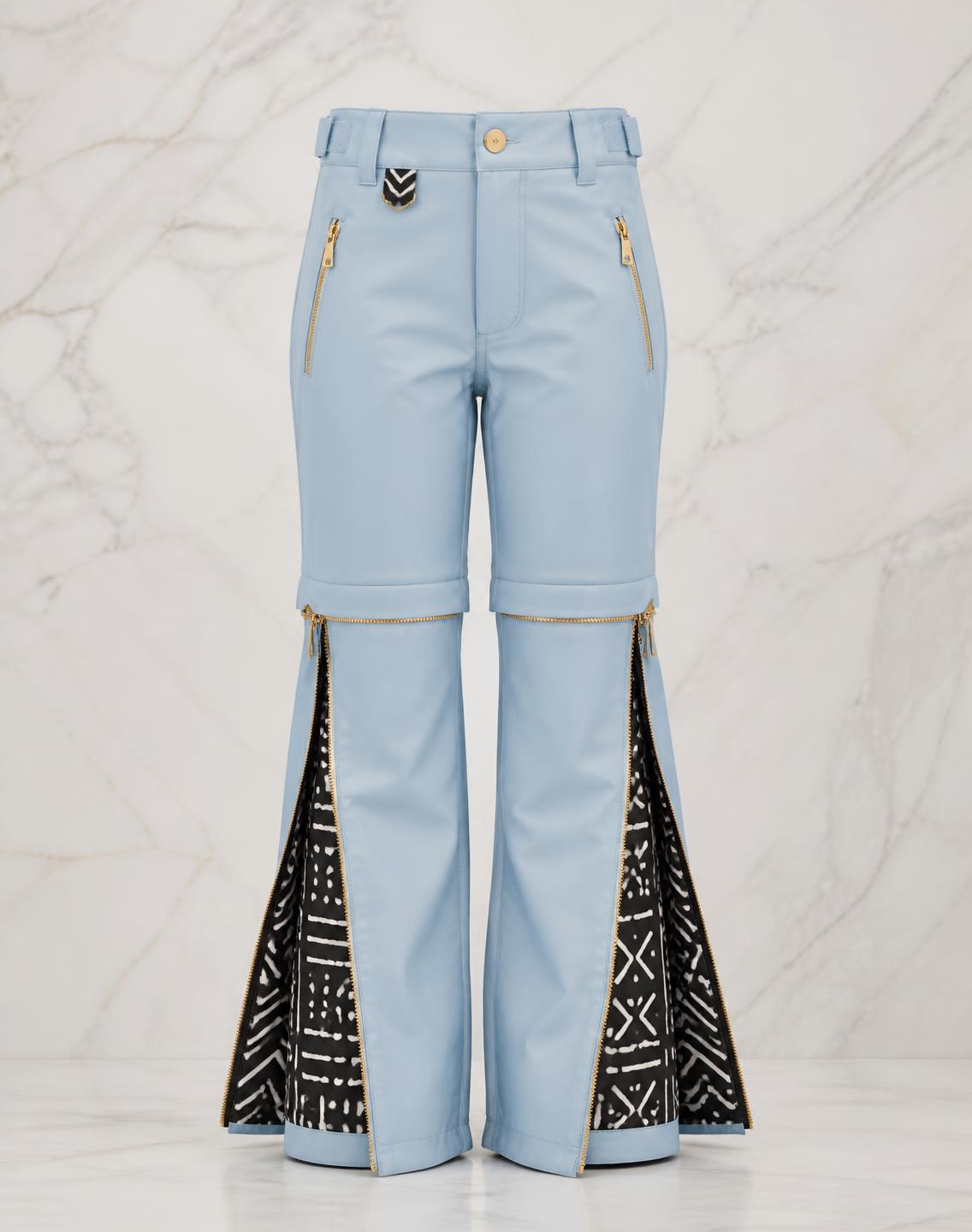 Glacier Blue Convertible Pant — Girls — House · Z-Vibe Winter Pants Atelier™ seven-view specification plate; showing 01 Front, 02 Left, 03 Right, 04 Back, 05 Interior, 06 Inner tags, 07 Fabric detail. — 01 Front, Glacier Blue