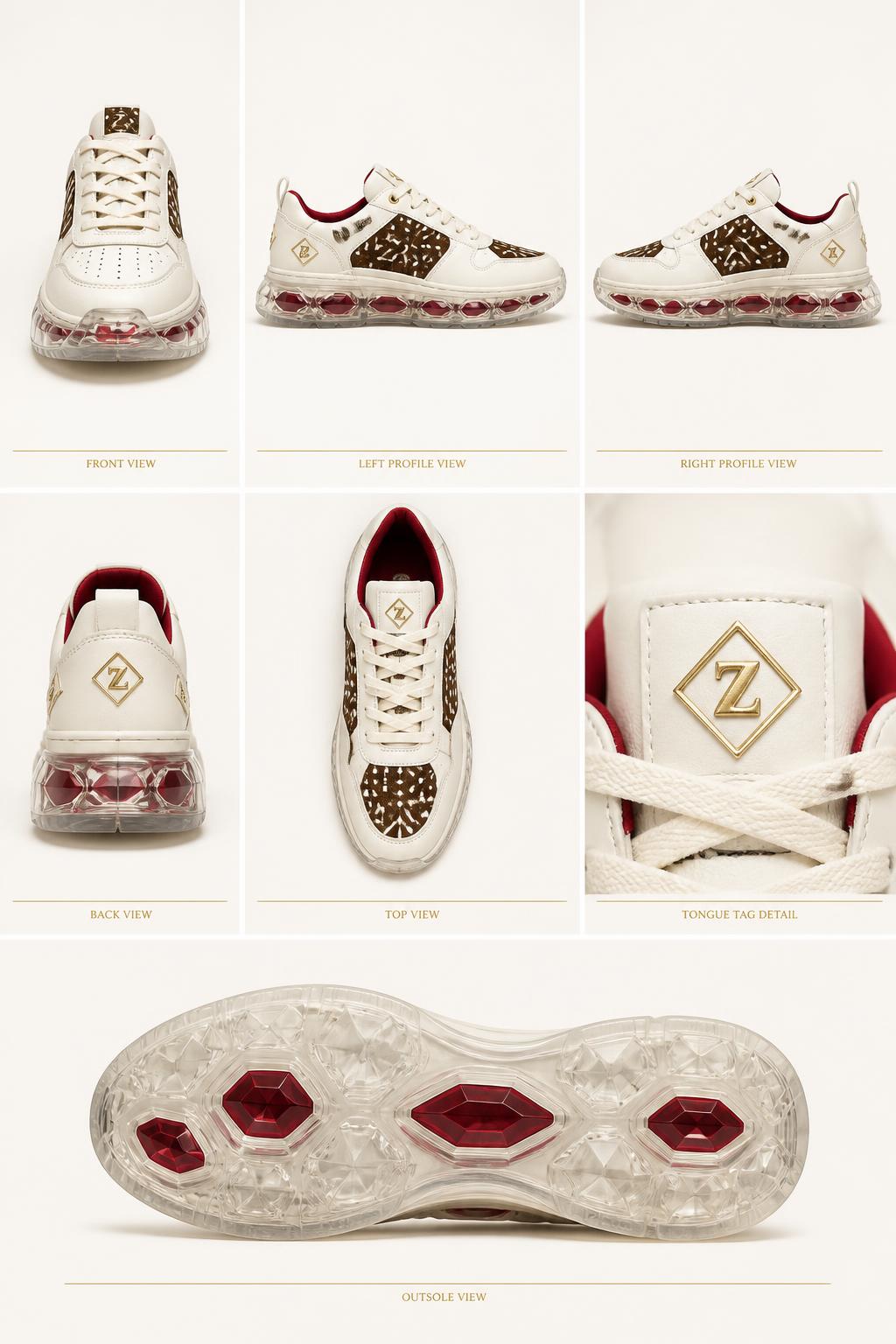 Z-Vibe Crystal™ Bogolan mudcloth Runner — Women · Footwear seven-view specification plate; showing 01 Front, 02 Left, 03 Right, 04 Back, 05 Interior, 06 Inner tags, 07 Fabric detail; made in Ivory calf leather, Bogolan mudcloth, transparent TPU crystal sole, crimson lacquer cells; shown in Crystal Crimson, Crystal Indigo, Crystal Jade, Ivory Mud, Obsidian Gold, Amber Clear.
