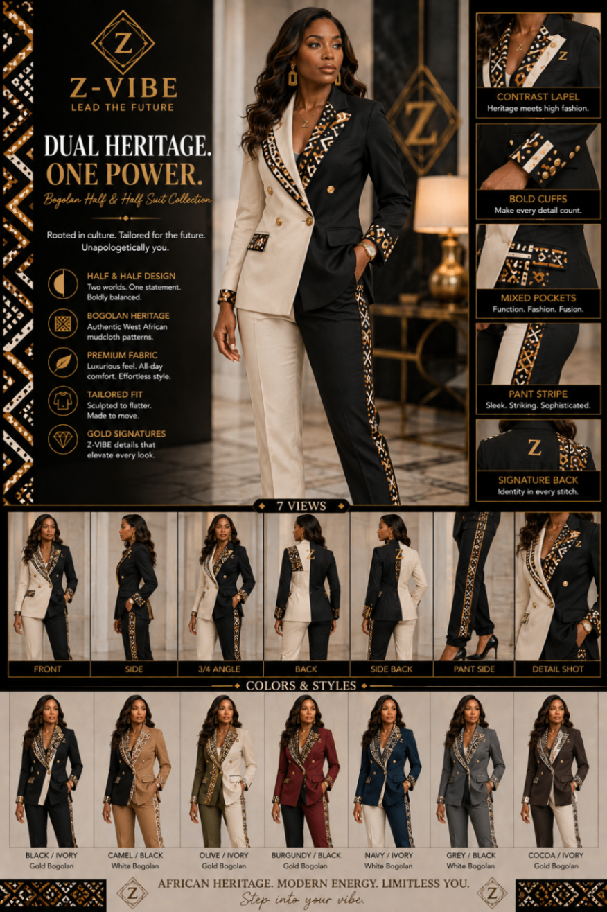 Dual Heritage™ Half & Half Bogolan mudcloth Suit — Women · Tailoring seven-view specification plate; showing 01 Front, 02 Left, 03 Right, 04 Back, 05 Interior, 06 Inner tags, 07 Fabric detail. — 01 Front, Black / Ivory