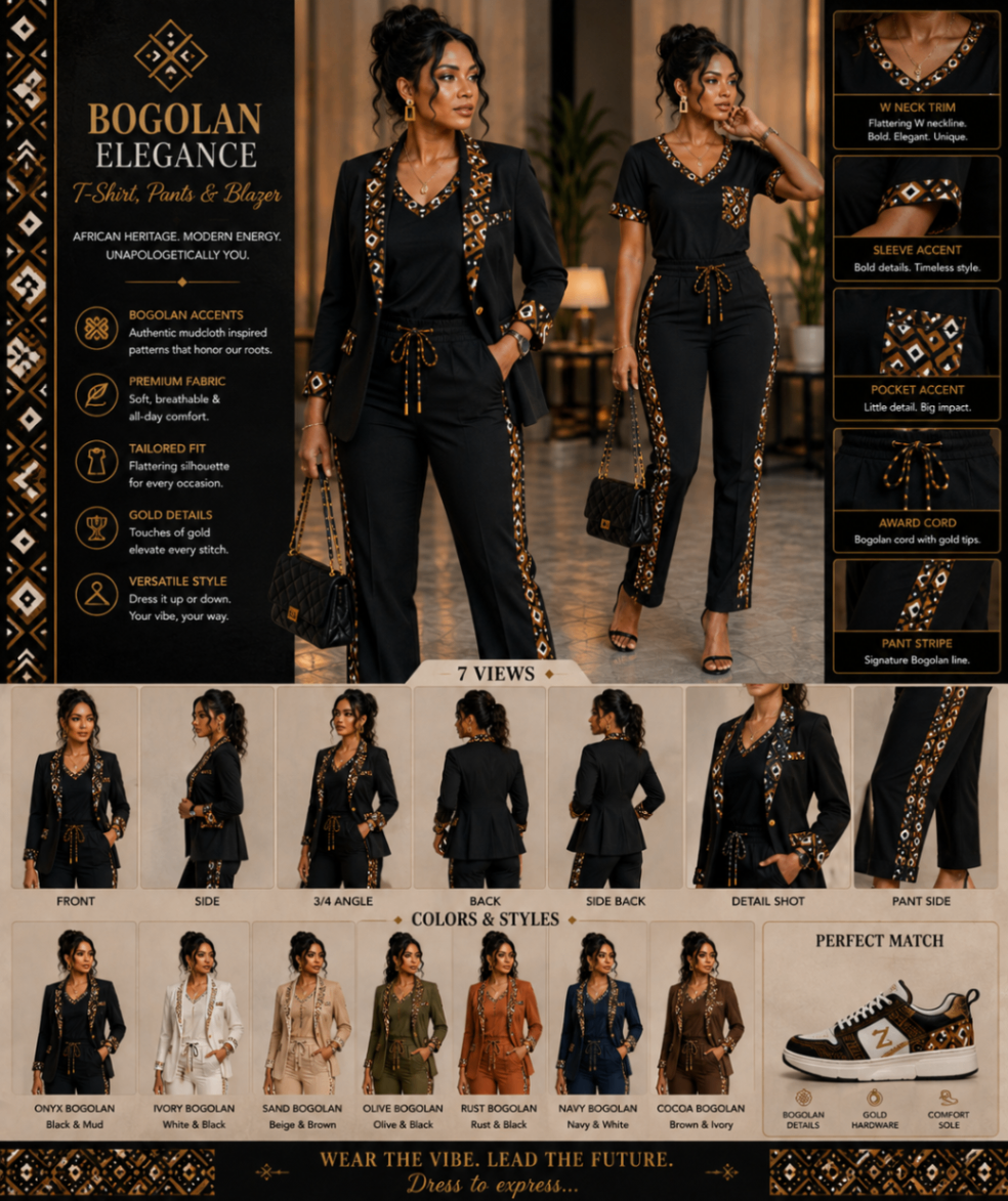 Bogolan mudcloth Elegance™ Tee, Pant & Blazer — Women · Bogolan mudcloth Atelier seven-view specification plate; showing 01 Front, 02 Left, 03 Right, 04 Back, 05 Interior, 06 Inner tags, 07 Fabric detail. — 01 Front, Onyx Bogolan mudcloth