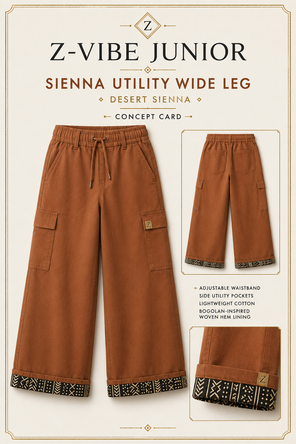 Sienna Utility Wide Leg — Junior — House · Z-Vibe Junior seven-view specification plate; showing 01 Front, 02 Left, 03 Right, 04 Back, 05 Interior, 06 Inner tags, 07 Fabric detail. — 01 Front, Desert Sienna