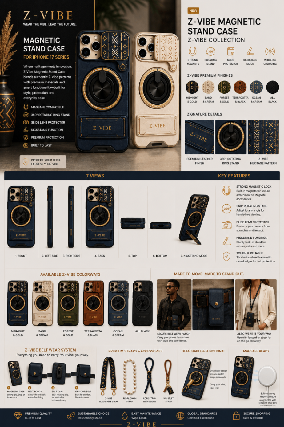 Magnetic Stand Case — Belt Wear System — Accessories · Tech seven-view specification plate; showing 01 Front, 02 Left side, 03 Right side, 04 Back, 05 Top, 06 Bottom, 07 Kickstand mode.