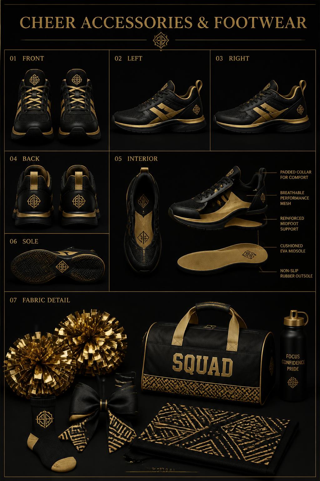Z-VIBE Cheer™ Accessories & Footwear — Cheer · Regalia seven-view specification plate; showing 01 Front, 02 Left, 03 Right, 04 Back, 05 Interior, 06 Inner tags, 07 Fabric detail. — 01 Front, Obsidian Gold