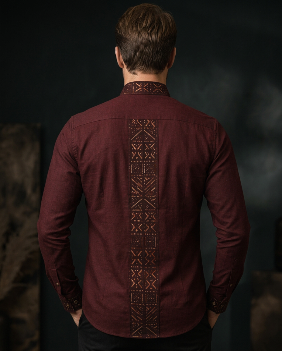 Burgundy Placket Heritage Shirt — Men, 04 Back (view 4 of 7). Back view: yoke, centre seam and the hem finish.