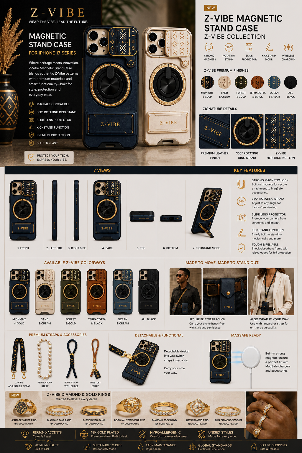 Magnetic Stand Case — iPhone 17 — Women — House · Cowhide & Bogolan seven-view specification plate; showing 01 Front, 02 Left, 03 Right, 04 Back, 05 Interior, 06 Inner tags, 07 Fabric detail. — 01 Front, Midnight & Gold