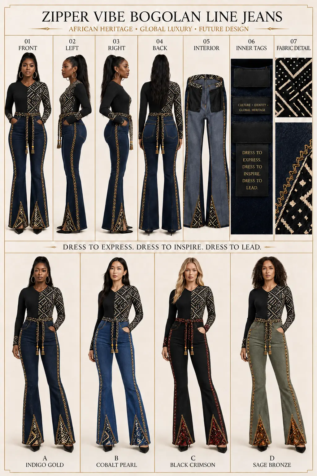 01 Front — Bogolan mudcloth Line Jeans — Tassel Cord — Women · Denim seven-view specification plate; showing 01 Front, 02 Left, 03 Right, 04 Back, 05 Interior, 06 Inner tags, 07 Fabric detail; made in Stretch indigo denim, braided cord, gold tassel finials; shown in Indigo Gold, Cobalt Pearl, Black Crimson, Sage Bronze.