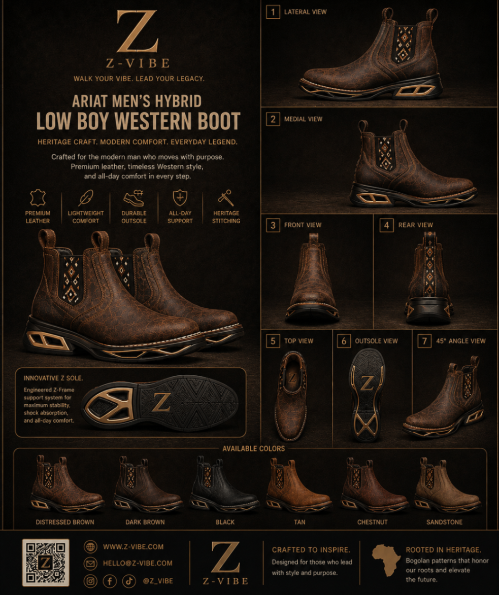 Low Boy Western Boot™ — Men · Footwear seven-view specification plate; showing 01 Front, 02 Left, 03 Right, 04 Back, 05 Interior, 06 Inner tags, 07 Fabric detail. — 01 Front, Distressed Brown