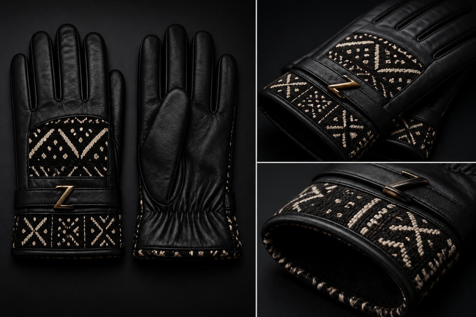 Z-Chain Winter Grip Gloves — Men — Unisex · Z-Chain Snow Traction seven-view specification plate; showing 01 Front, 02 Left, 03 Right, 04 Back, 05 Interior, 06 Inner tags, 07 Fabric detail. — 01 Front, Obsidian