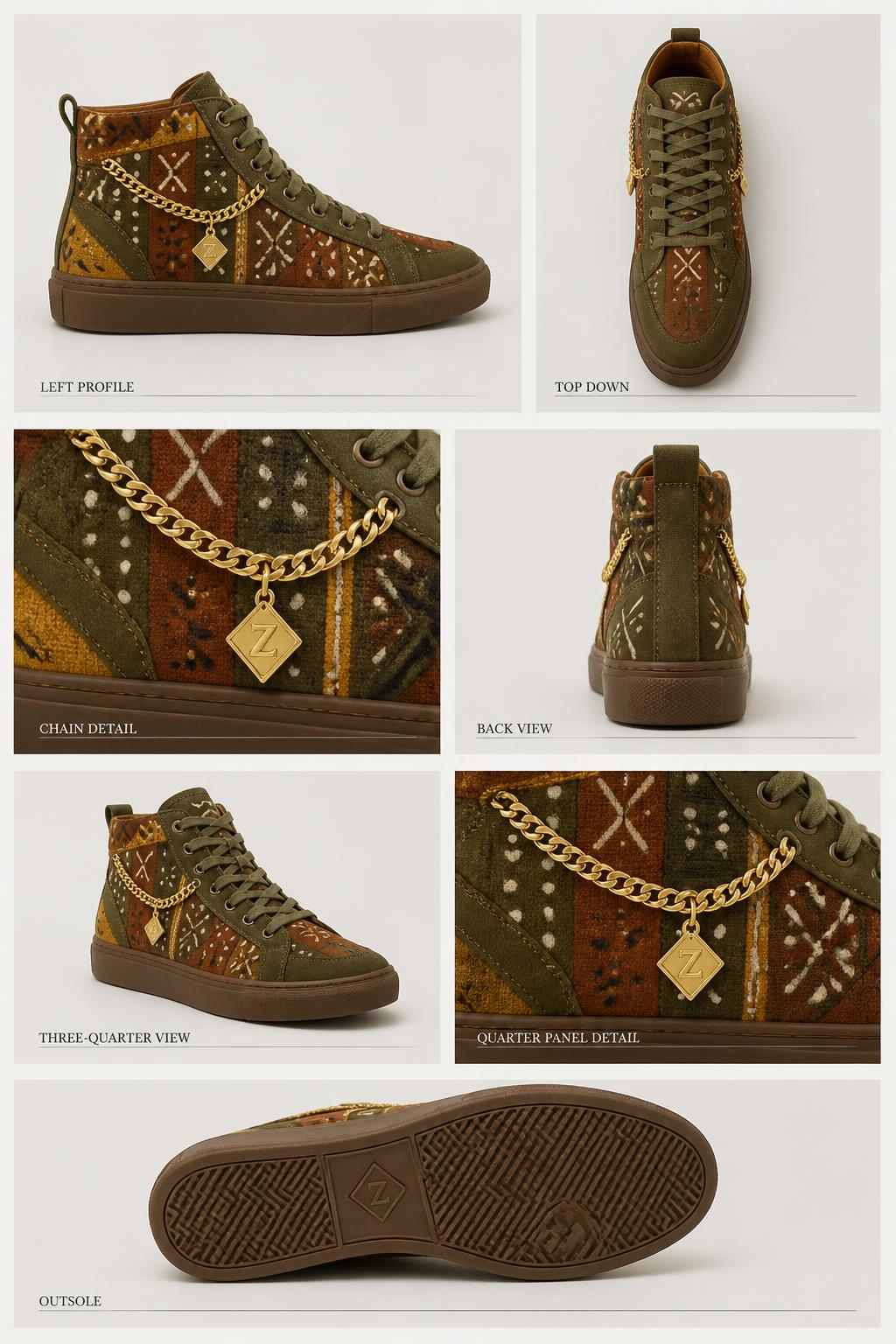 Z-Vibe Uplifting Sole™ Earth High-Top — Women · Footwear seven-view specification plate; showing 01 Front, 02 Left, 03 Right, 04 Back, 05 Interior, 06 Inner tags, 07 Fabric detail; made in Olive suede, rust and ochre Bogolan mudcloth, brown rubber cupsole, gold-plate chain; shown in Olive Earth, Rust Ochre, Sable Mud, Indigo Mud, Obsidian Gold, Bronze Earth.