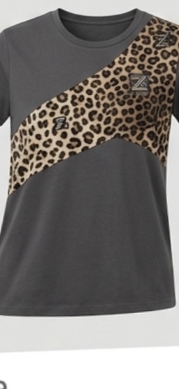 Leopard Sash Tee — Women — Women · Z-Vibe Jersey seven-view specification plate; showing 01 Front, 02 Left, 03 Right, 04 Back, 05 Interior, 06 Inner tags, 07 Fabric detail. — 01 Front, Charcoal