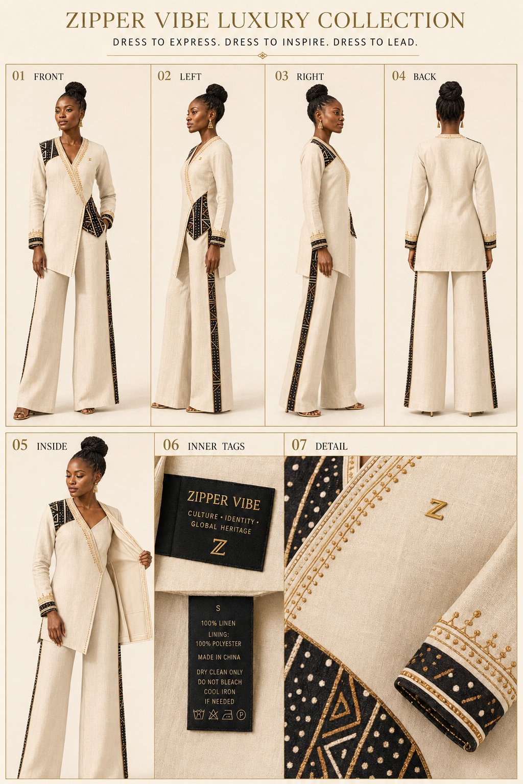 Zipper Vibe Luxury Collection seven-view board: ivory linen asymmetric wrap tunic with black-and-gold Bogolan mudcloth panels and wide-leg trousers