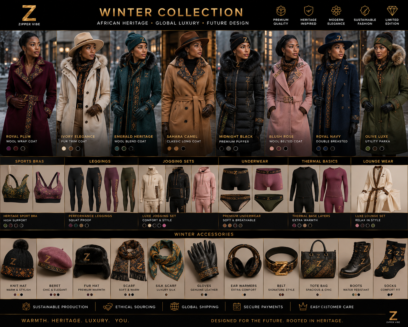 Zipper Vibe black and gold winter board with five outerwear looks and coordinated accessories